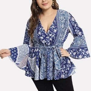 Blue Floral Wrap Top